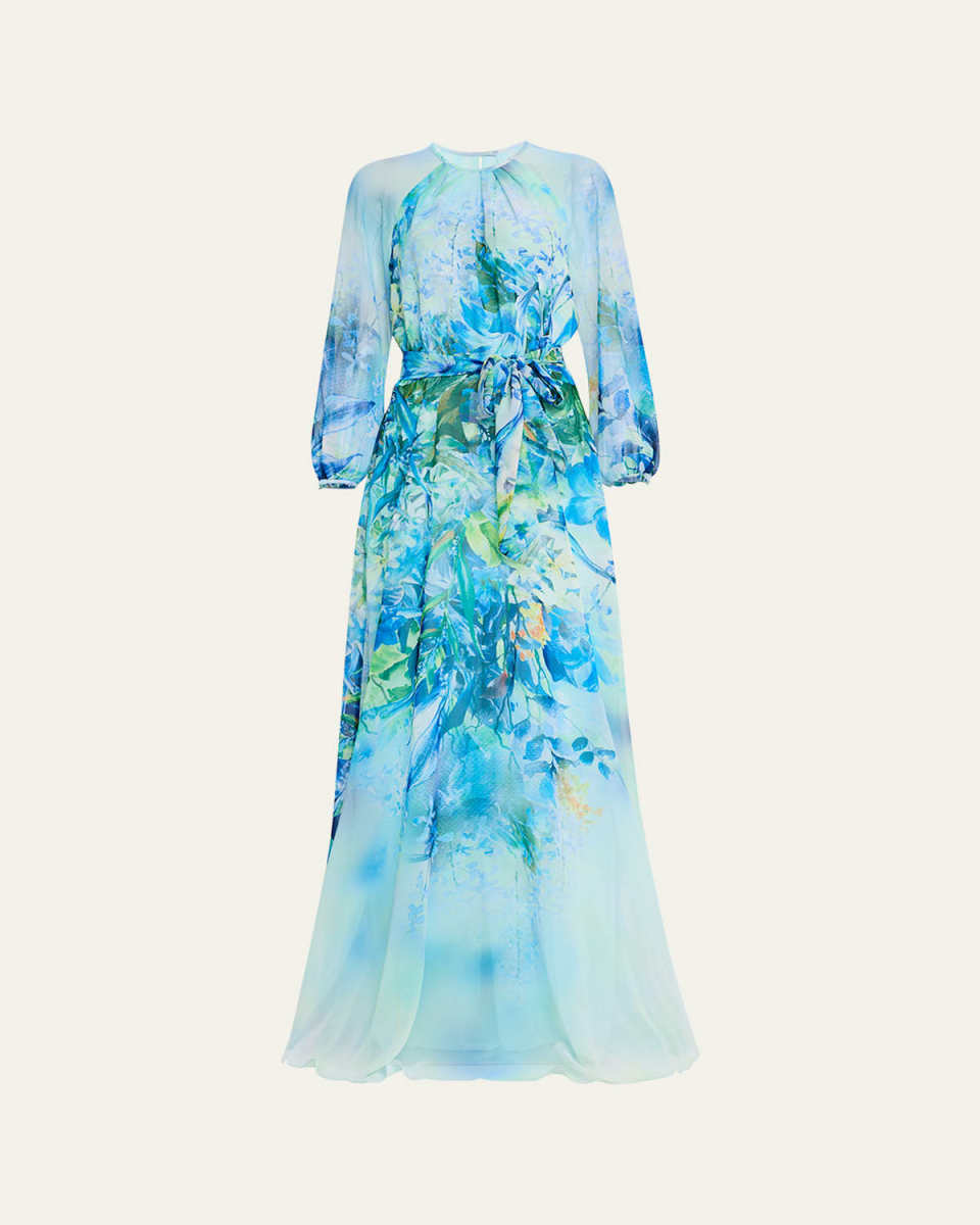 Floral-Print Chiffon Gown